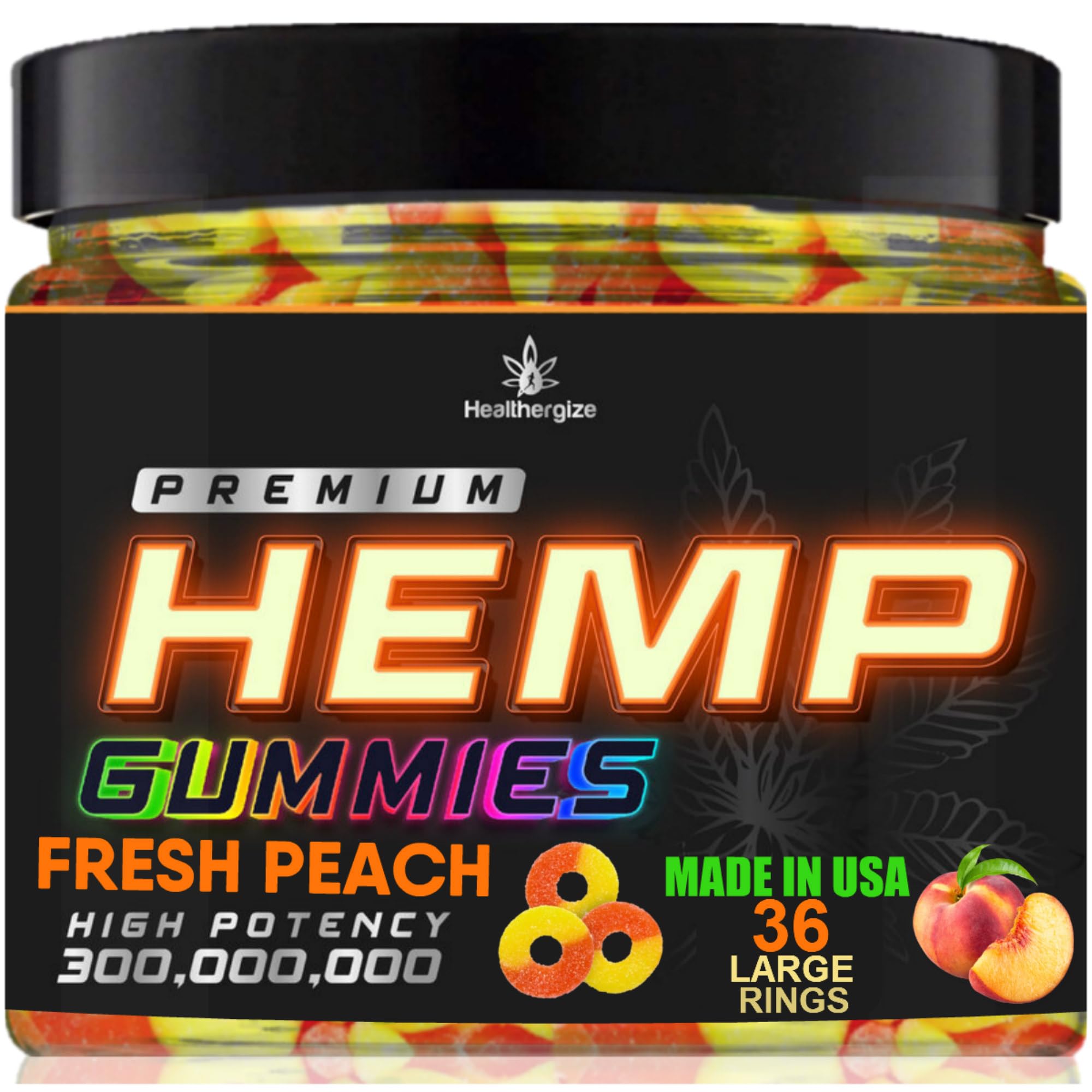 Healthergize Peach Ring Gummies bottle front, relaxing lifestyle in reach