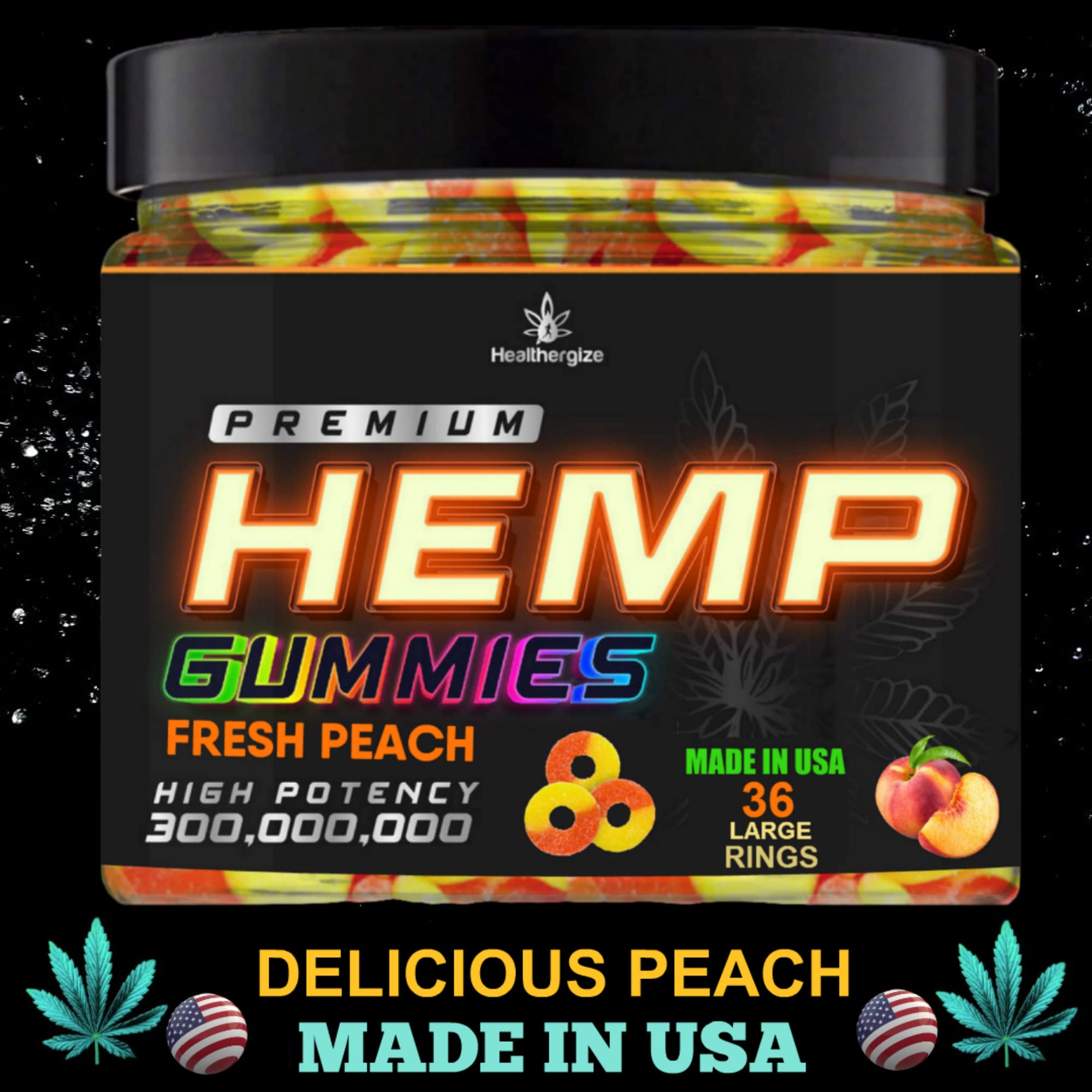 Healthergize Peach Ring Gummies bottle beside ingredients list