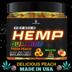 Healthergize Peach Ring Gummies bottle beside ingredients list