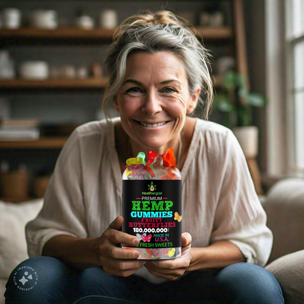 Healthergize USA-made hemp gummies with butterfly shape and premium quality.