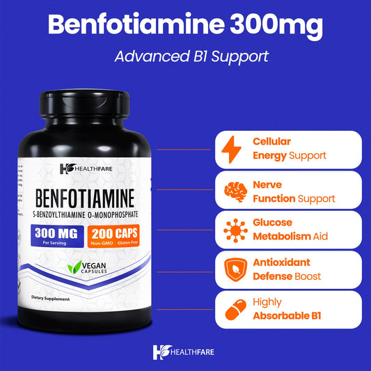 Healthfare Benfotiamine capsules close-up for easy daily intake
