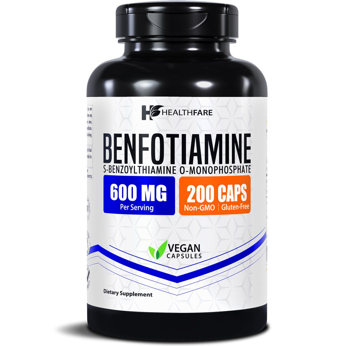 Healthfare Benfotiamine 600mg bottle showing easy-to-swallow capsules for daily wellness