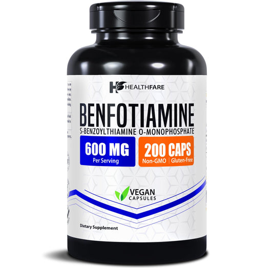 Healthfare Benfotiamine 600mg bottle showing easy-to-swallow capsules for daily wellness