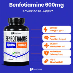 Healthfare Benfotiamine vegan capsules highlighting vegan non-GMO formula