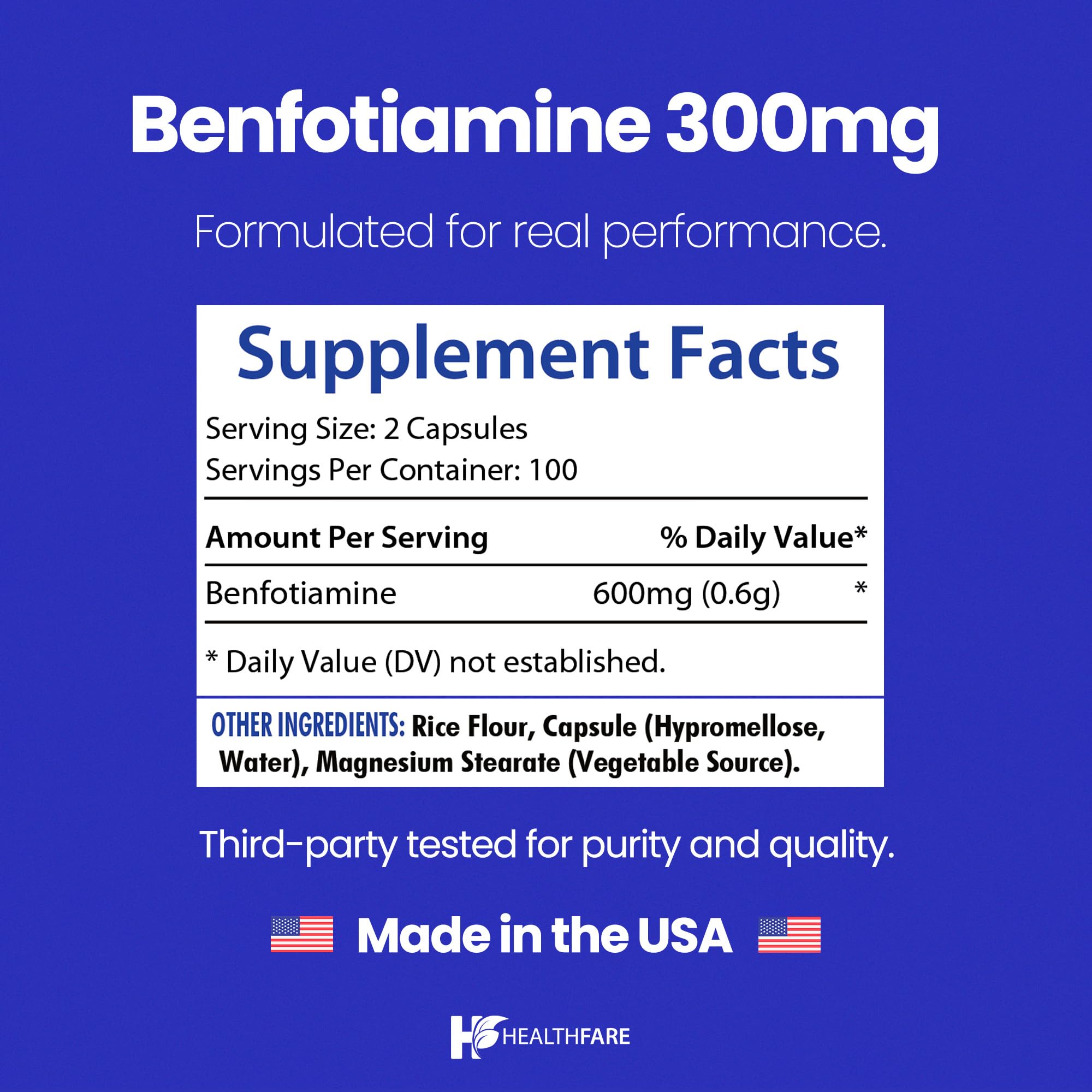 Healthfare Benfotiamine ingredients panel indicating vegan, non-GMO sourcing