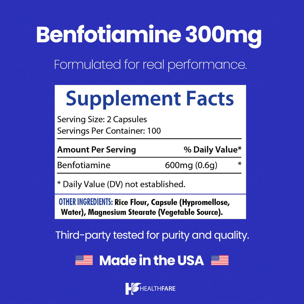 Healthfare Benfotiamine ingredients panel indicating vegan, non-GMO sourcing