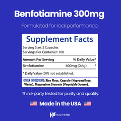 Healthfare Benfotiamine ingredients panel indicating vegan, non-GMO sourcing