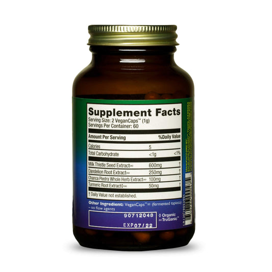 HealthForce Liver Rescue capsules close-up showing vegan, gluten-free formula