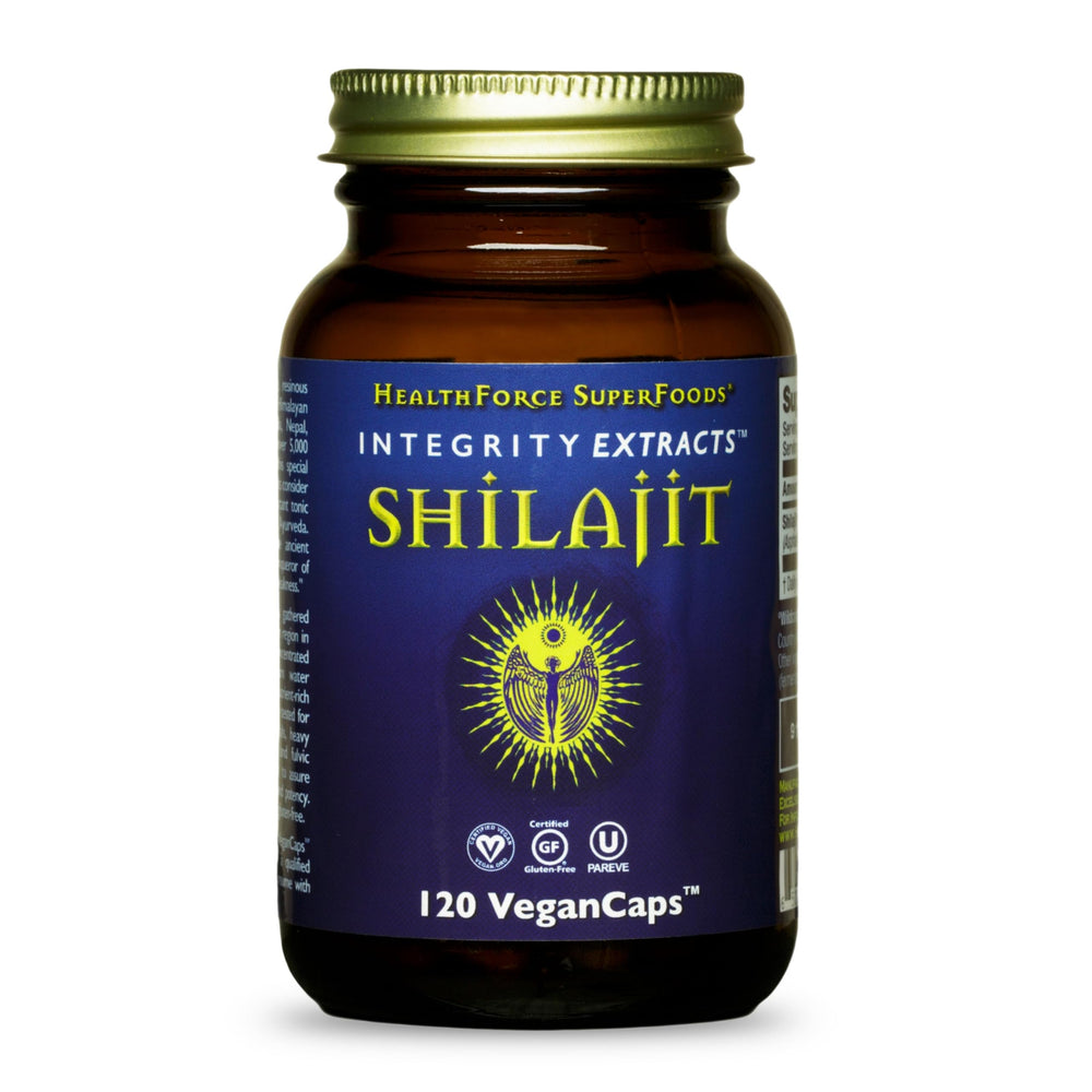 HealthForce Shilajit 120 VeganCaps bottle shows organic packaging and a mineral-rich formula supporting daily energy.