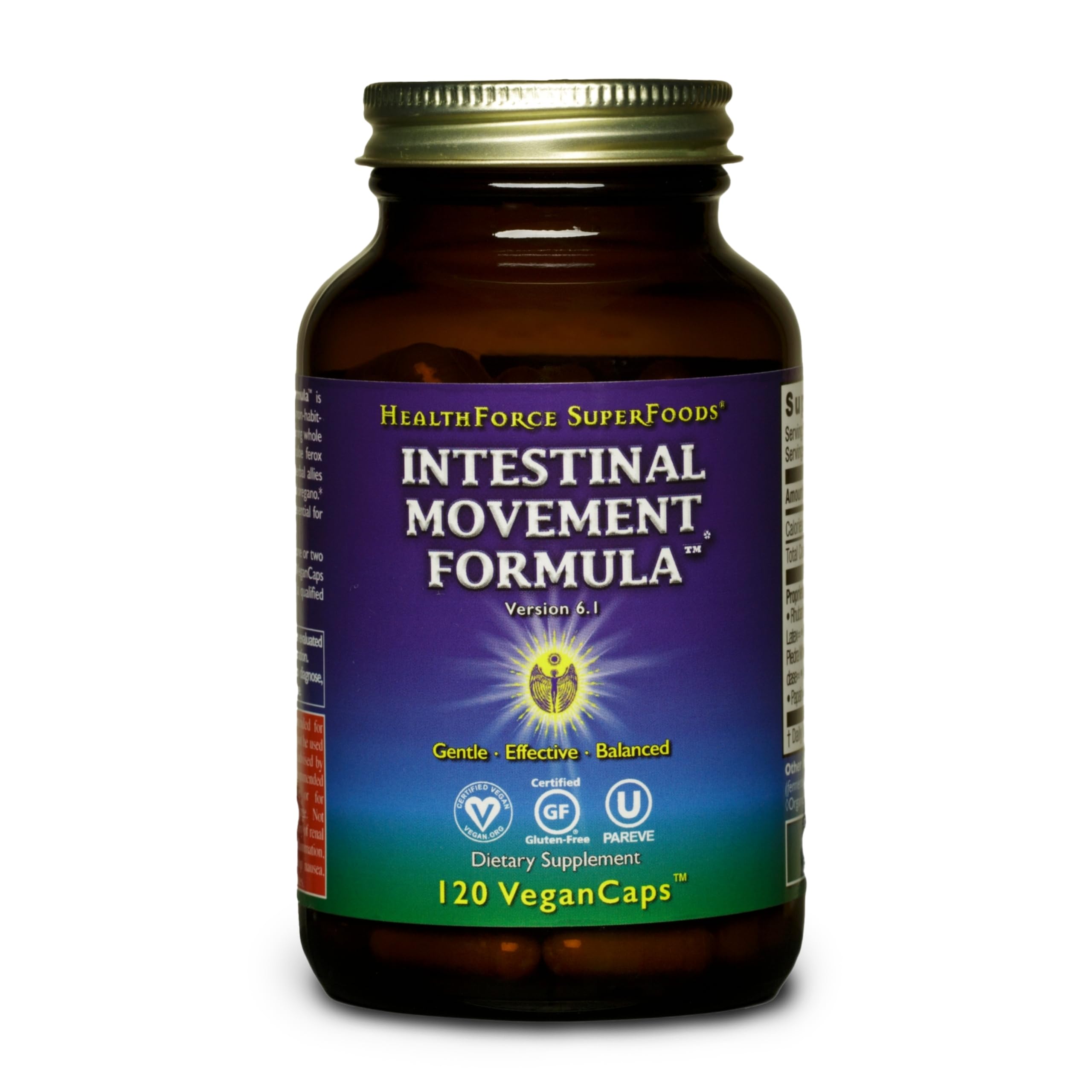 HealthForce SuperFoods Intestinal Movement Formula bottle showing vegan herbal support for regularity