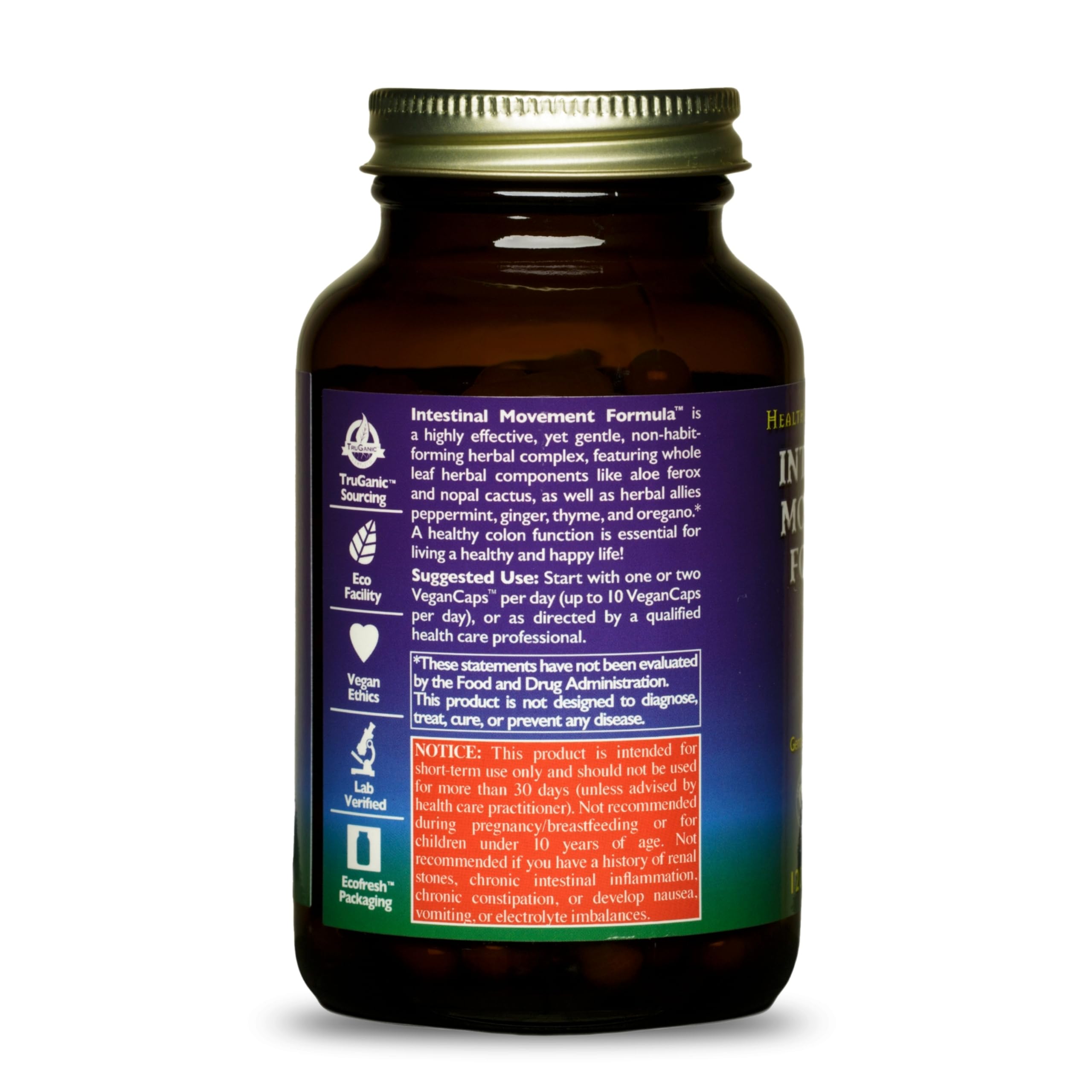 HealthForce SuperFoods Intestinal Movement Formula label highlighting organic facility and certifications