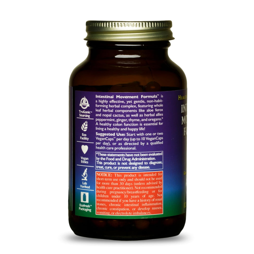 HealthForce SuperFoods Intestinal Movement Formula label highlighting organic facility and certifications