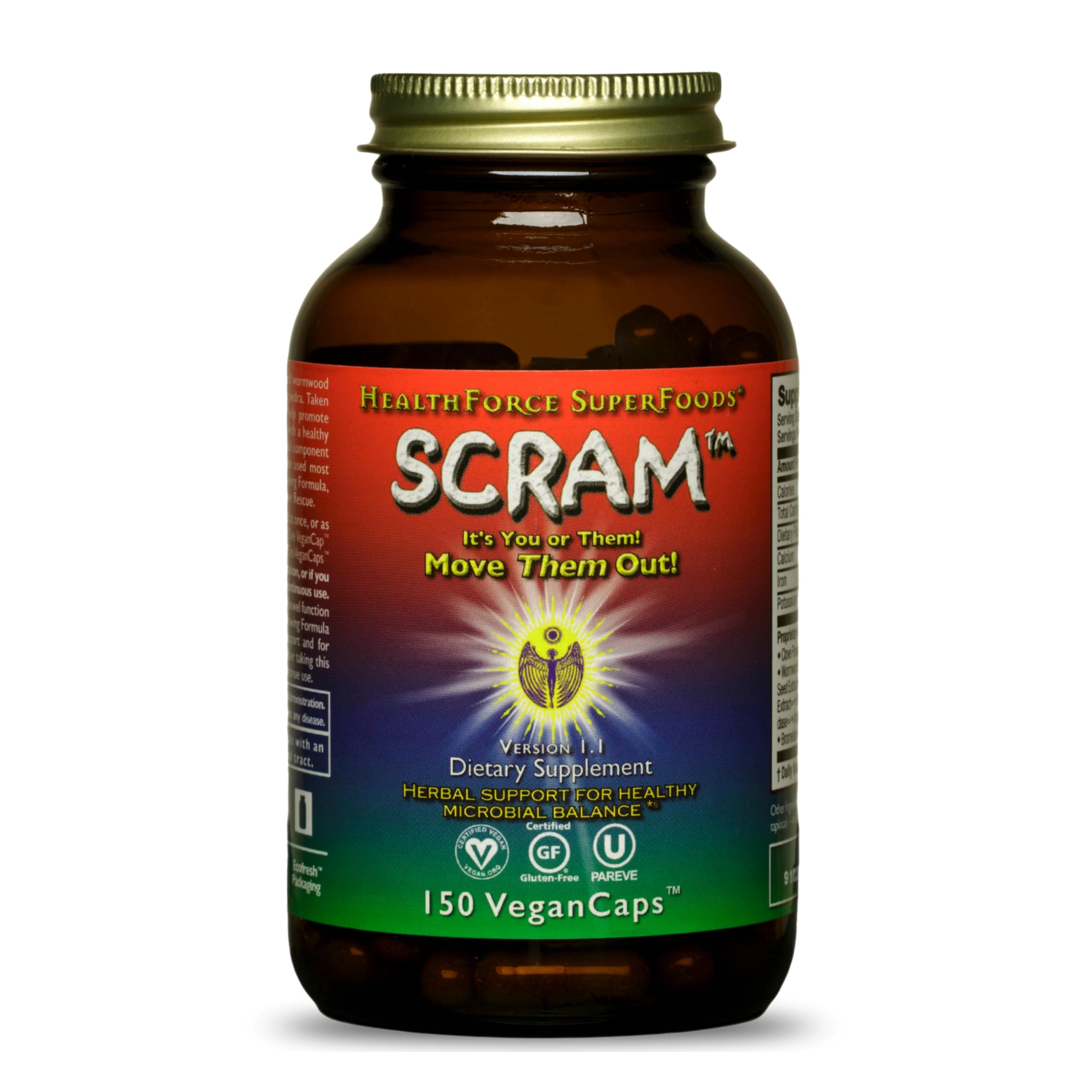 HEALTHFORCE SCRAM bottle front for daily digestion support.