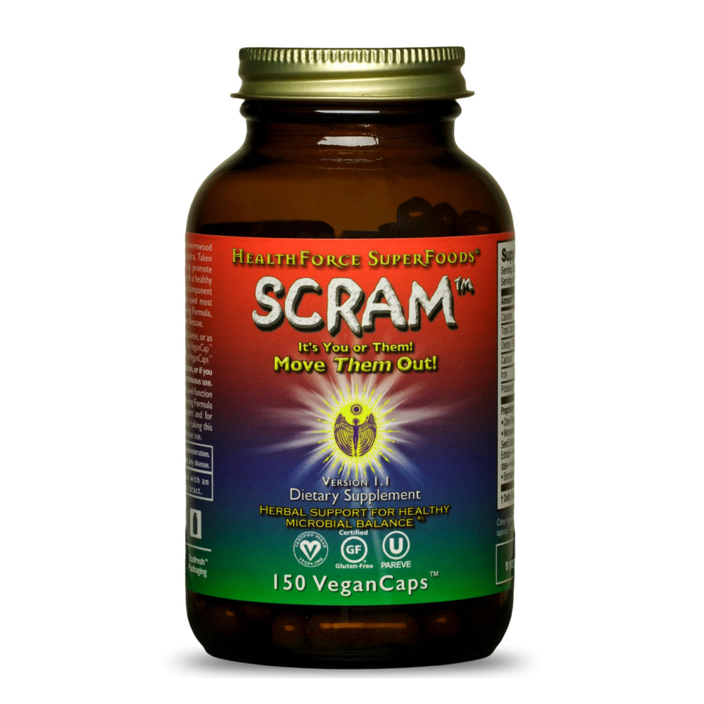 HEALTHFORCE SCRAM bottle front for daily digestion support.