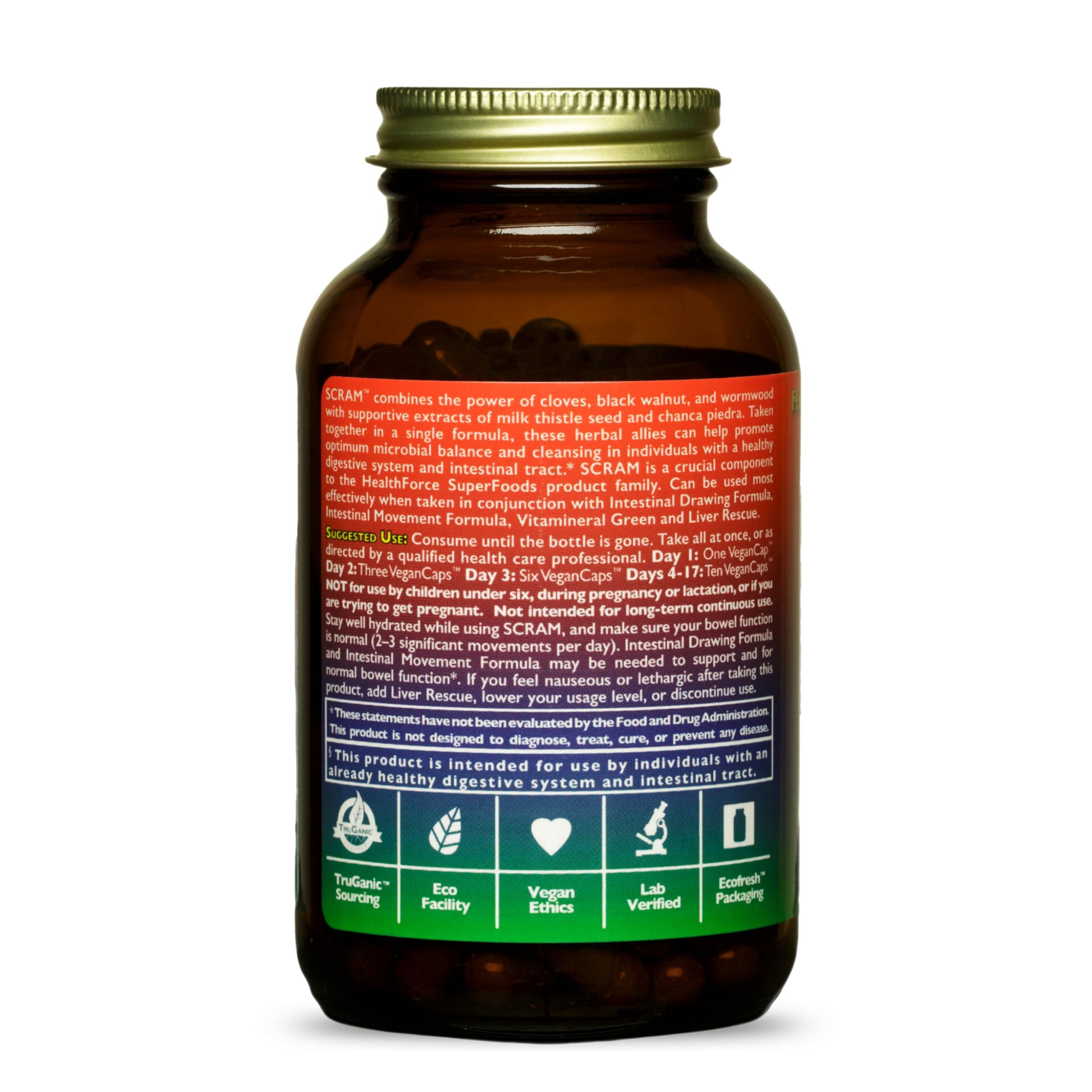 HEALTHFORCE SCRAM capsules closeup showing plant-based ingredients for digestion.