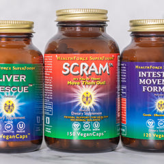 HEALTHFORCE SCRAM capsules shown with water for easy daily use.