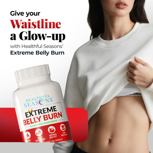 Healthful Seasons Extreme Belly Burn capsules arranged for daily metabolism support.