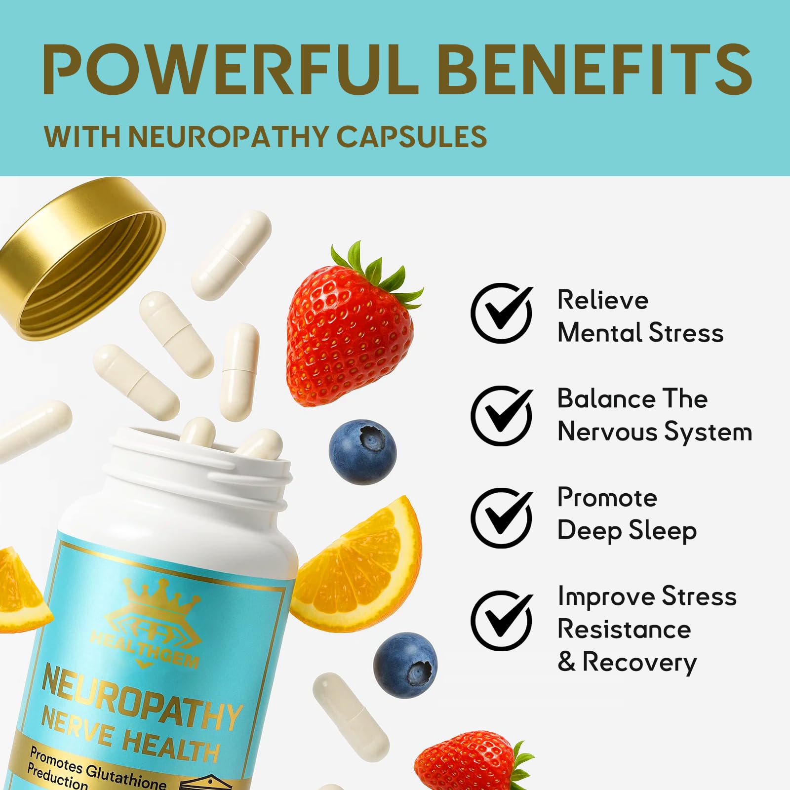 HEALTHGEM B vitamins for nerve health capsules resting on a surface