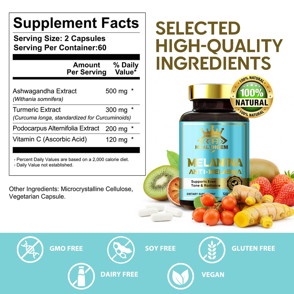 HEALTHGEM Melanina ingredients panel emphasizes Ashwagandha Turmeric Podocarpus and Vitamin C