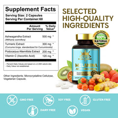 HEALTHGEM Melanina ingredients panel emphasizes Ashwagandha Turmeric Podocarpus and Vitamin C
