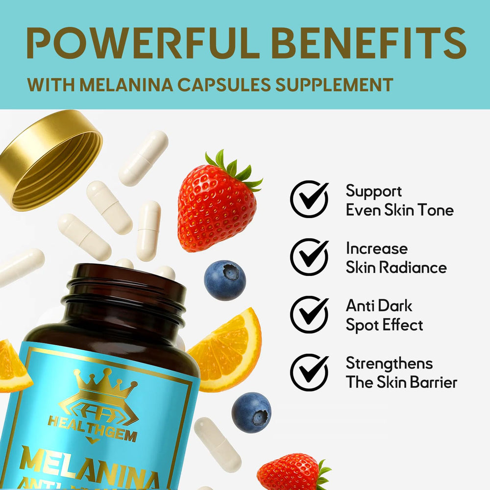 HEALTHGEM Melanina label detail highlights key ingredients