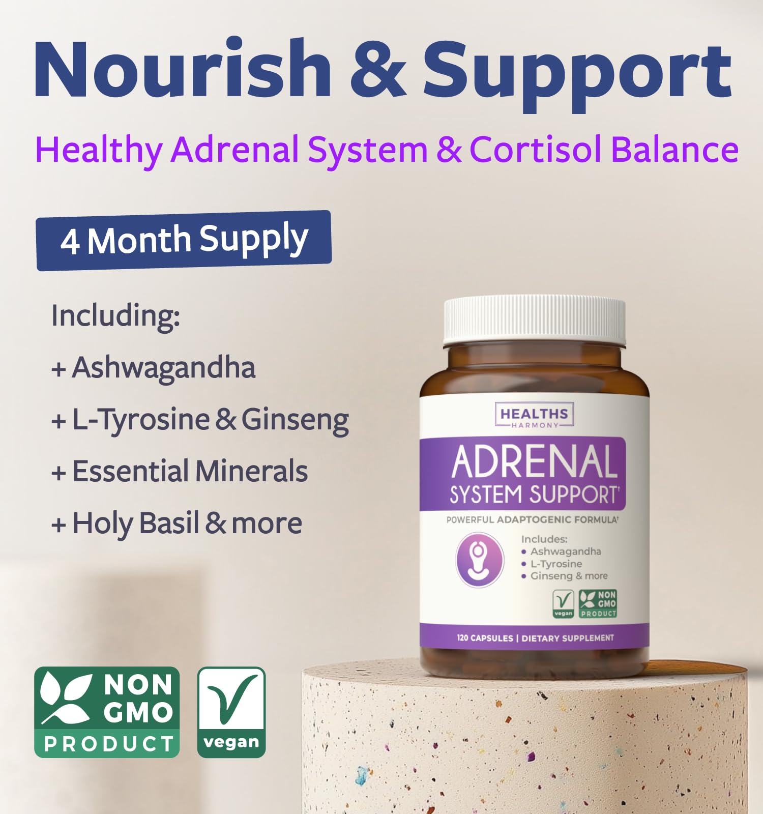 Healths Harmony Adrenal Support capsules closeup, easy-to-swallow daily capsules.