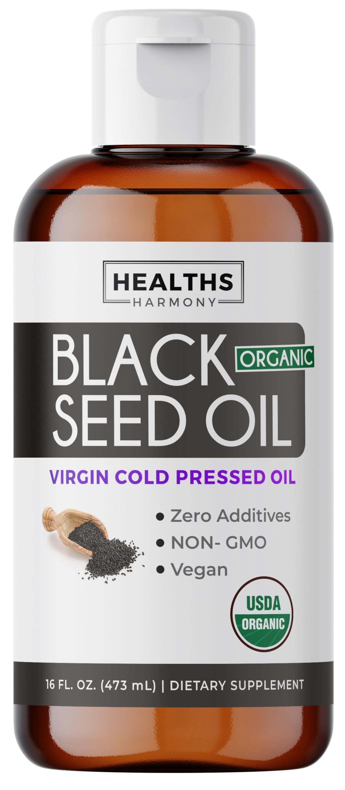 Healths Harmony black seed oil bottle shows premium organic quality for daily use