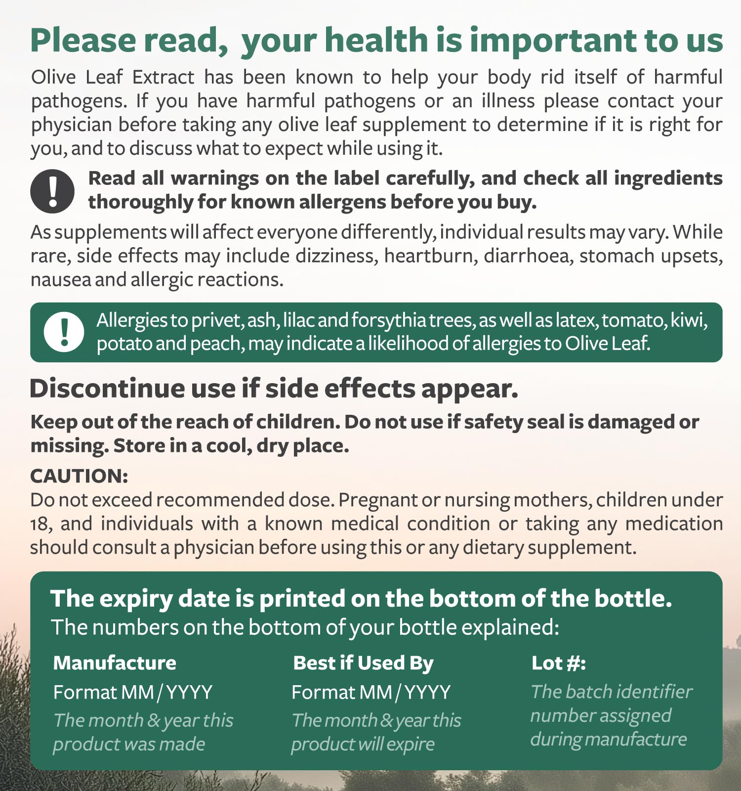 Healths Harmony oleuropein percentage detail on label.