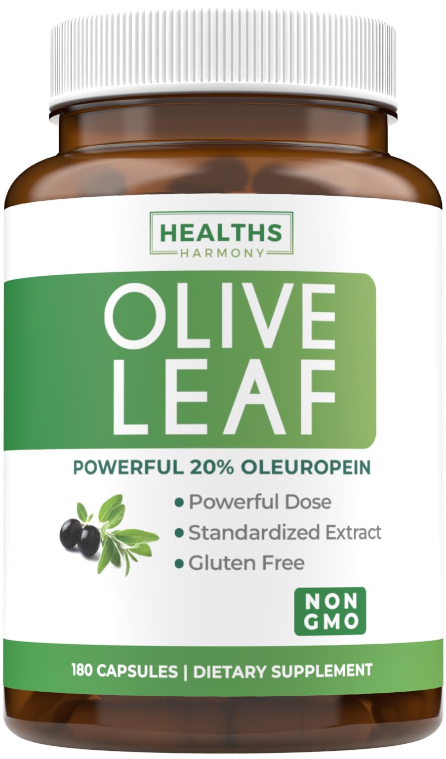 Healths Harmony olive leaf capsules closeup, 750mg extract, ideal for daily immune support.