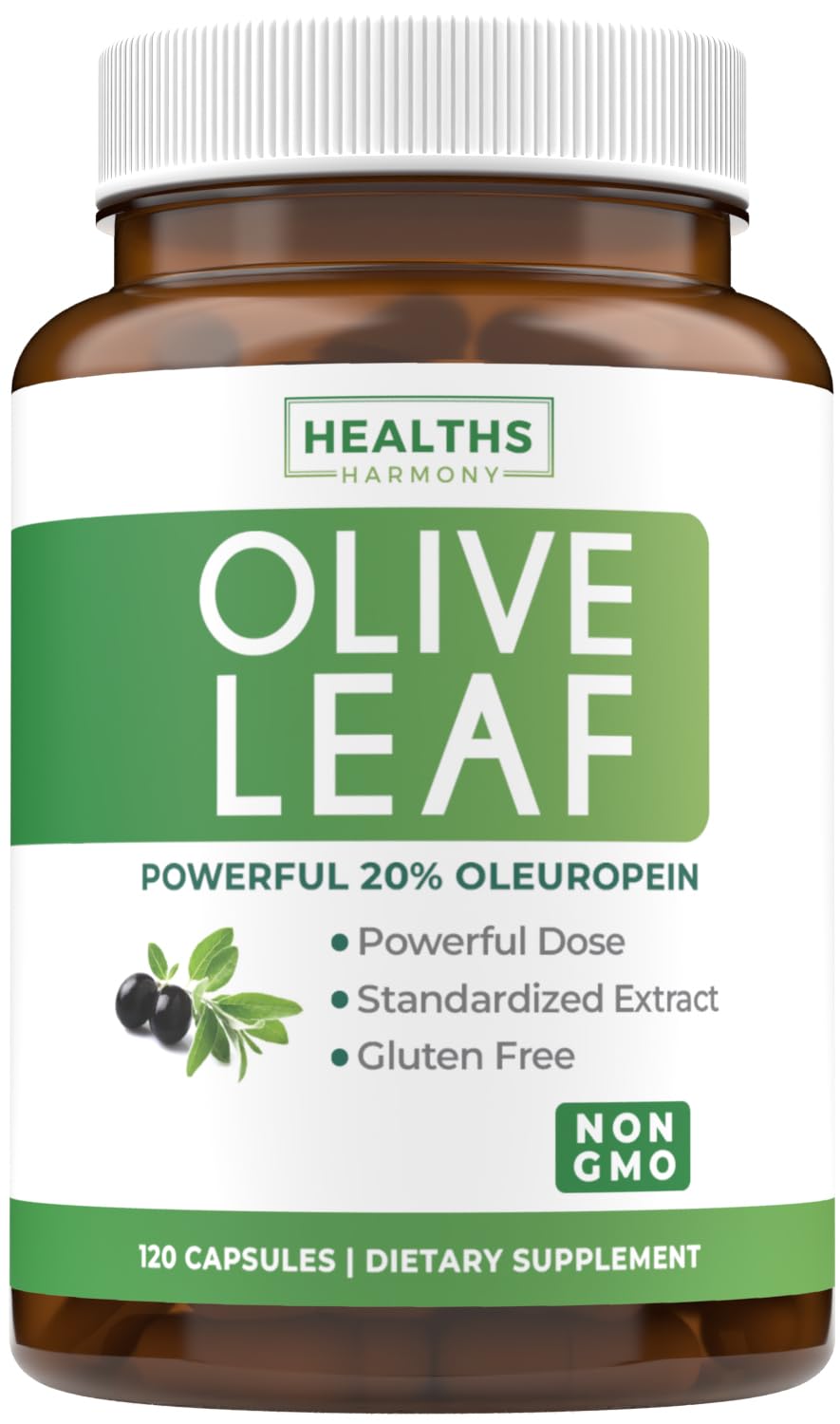 Healths Harmony olive leaf extract bottle front for daily wellness routines.