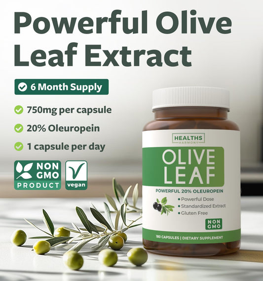 Healths Harmony olive leaf extract bottle showing vegan non-GMO formula.