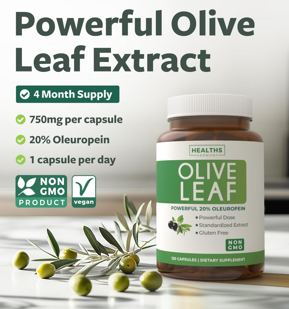 Healths Harmony capsules closeup reveals 750mg extract and oleuropein content.
