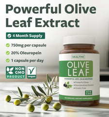 Healths Harmony capsules closeup reveals 750mg extract and oleuropein content.