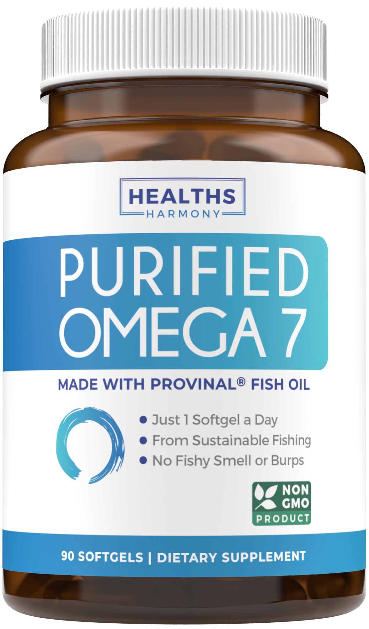 Healths Harmony Omega 7 bottle highlights daily wellness support.