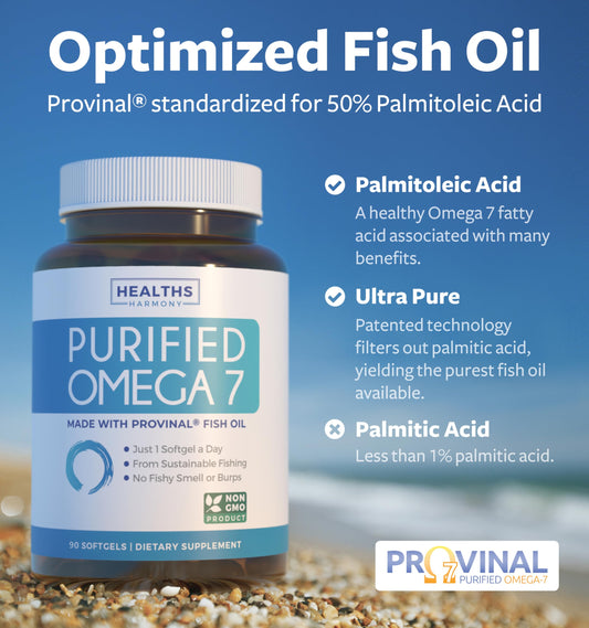 Healths Harmony Omega 7 softgels closeup showcases purified oil quality.