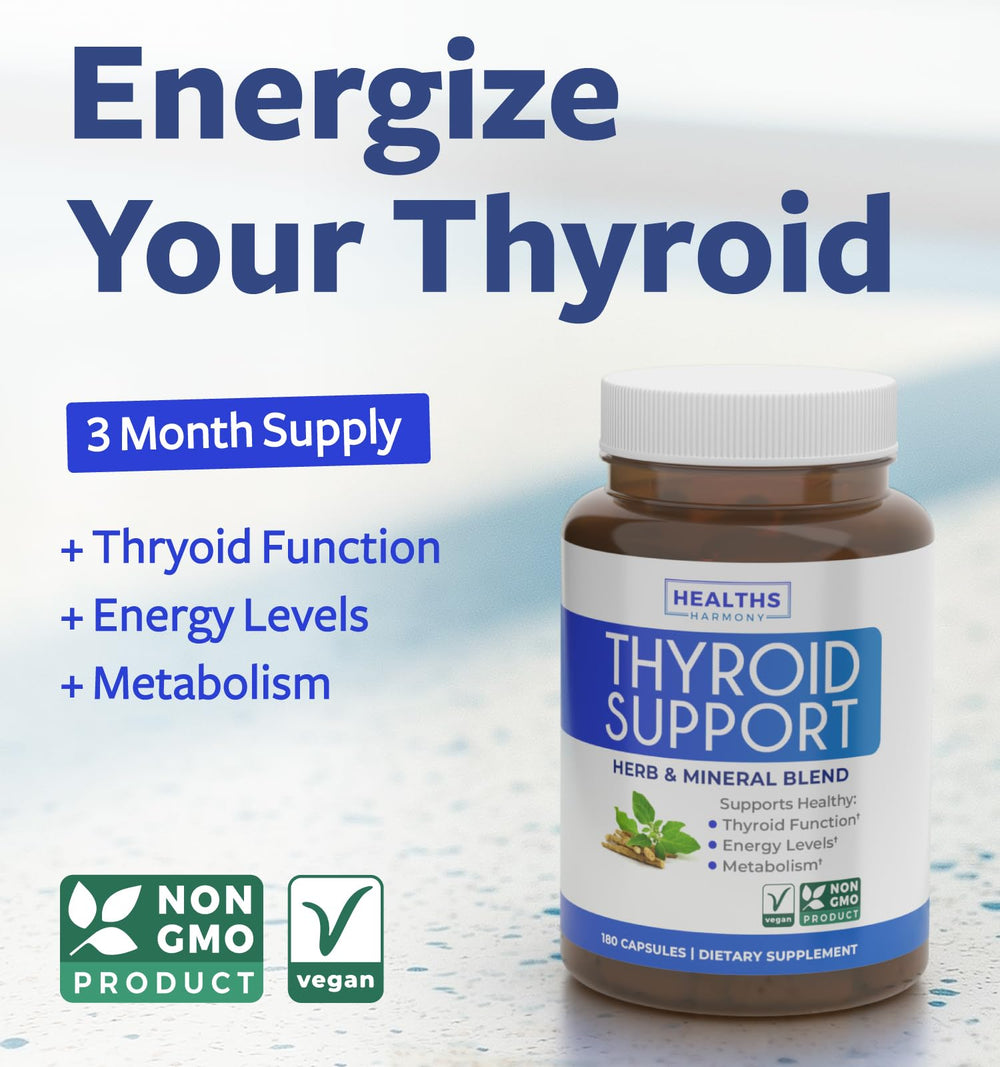 Healths Harmony thyroid capsules close-up highlighting non-GMO vegan formula.