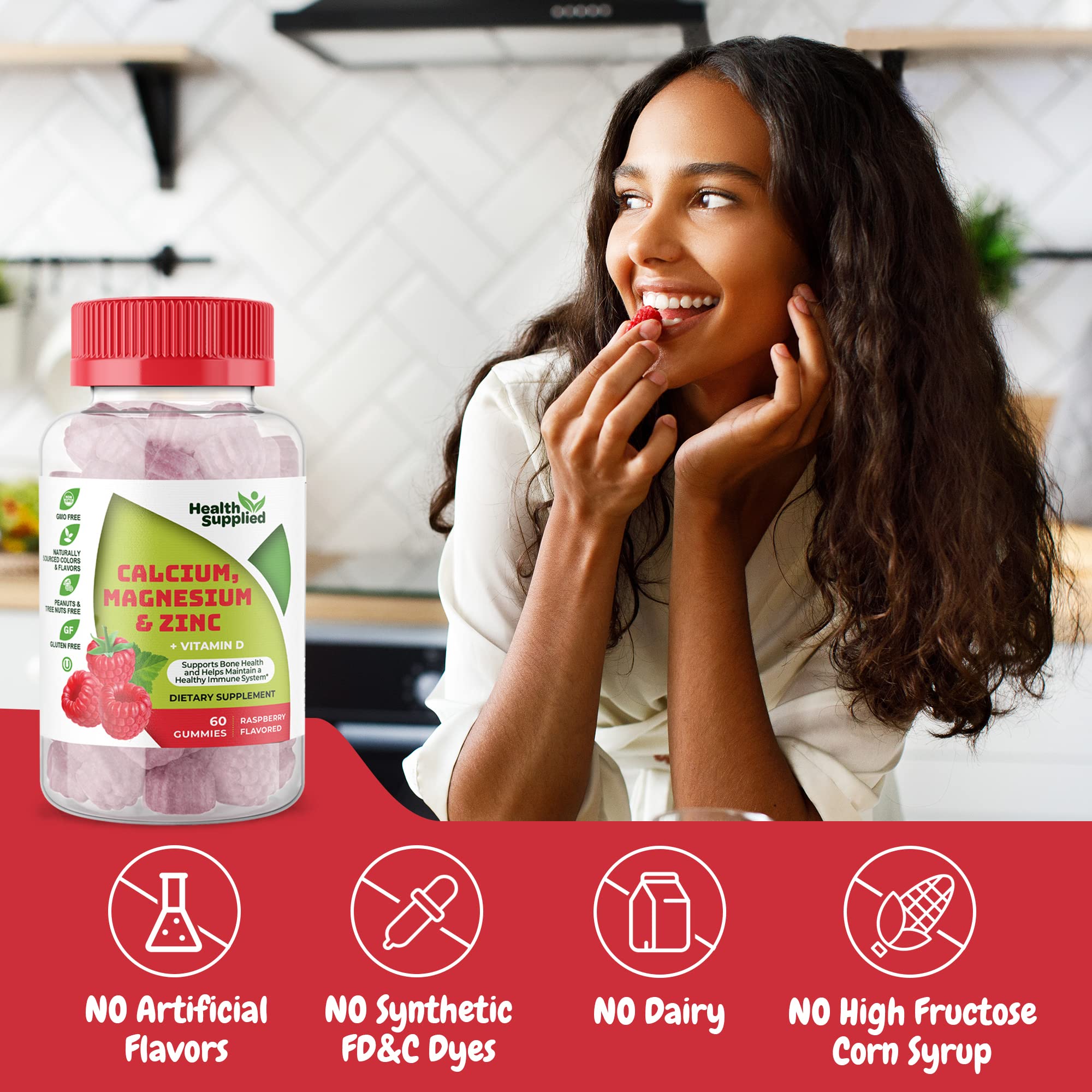 Health Supplied bottle on kitchen counter suggests simple, ready-to-use habit for bone and energy support.