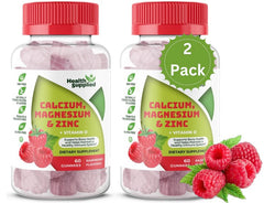 Health Supplied calcium magnesium zinc vitamin D bottle shows clear label for bone and immune support.