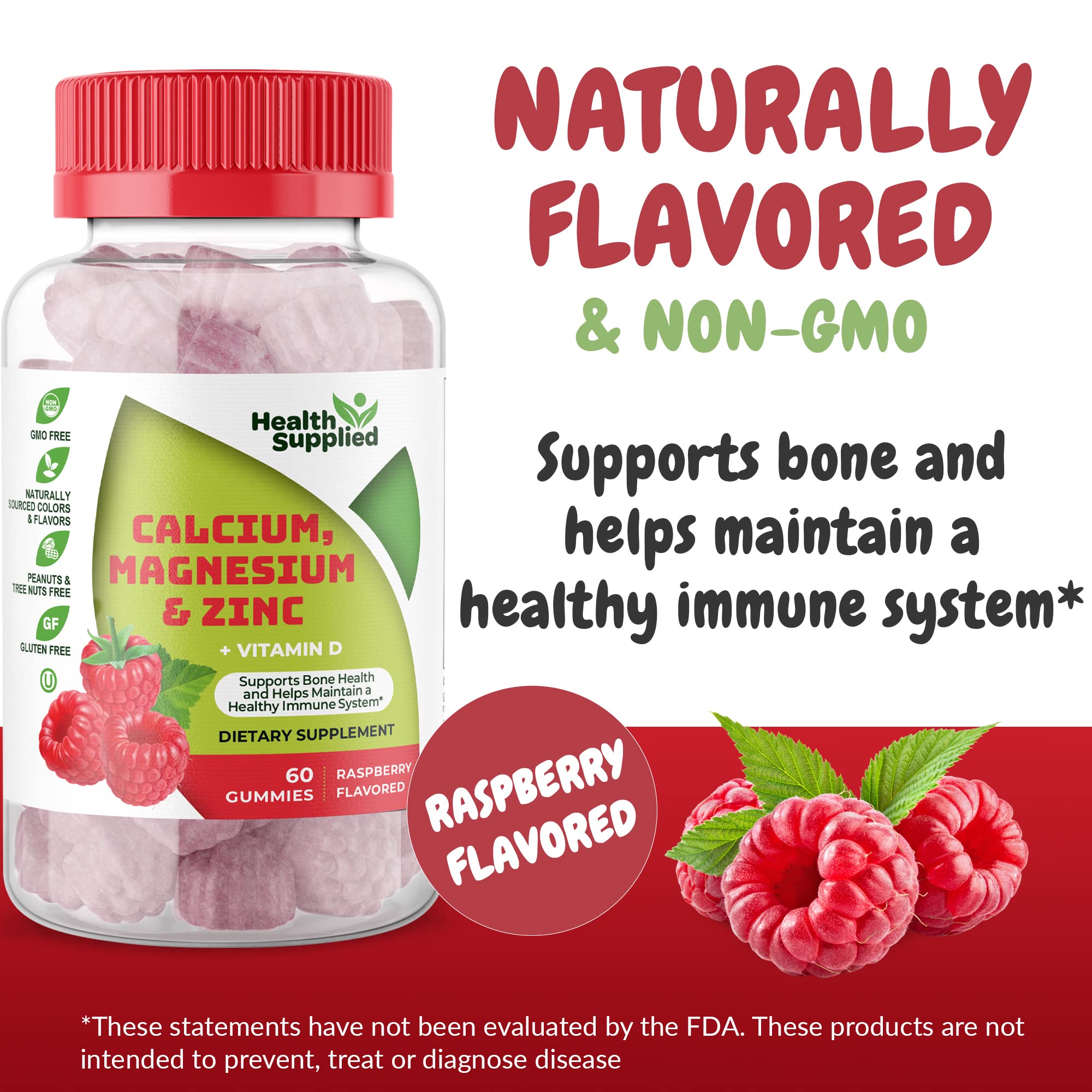 Health Supplied raspberry flavored gummies closeup highlighting tasty, easy-to-take daily supplement for teens and adults.