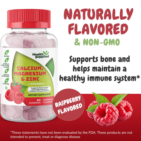Health Supplied raspberry flavored gummies closeup highlighting tasty, easy-to-take daily supplement for teens and adults.