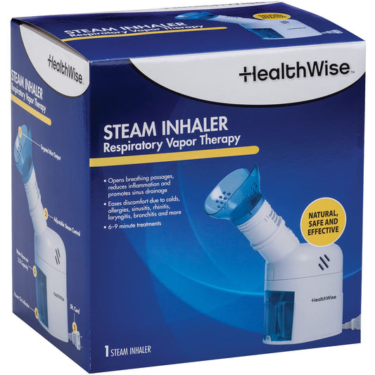 HealthWise steam inhaler close-up showing mask for facial steam therapy.