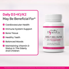 Healthy Bones Co Premium D3 K2 bottle back label highlights ingredients