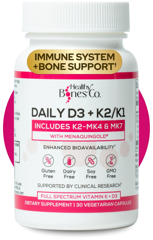 Healthy Bones Co Premium D3 K2 bottle front showing daily wellness formula