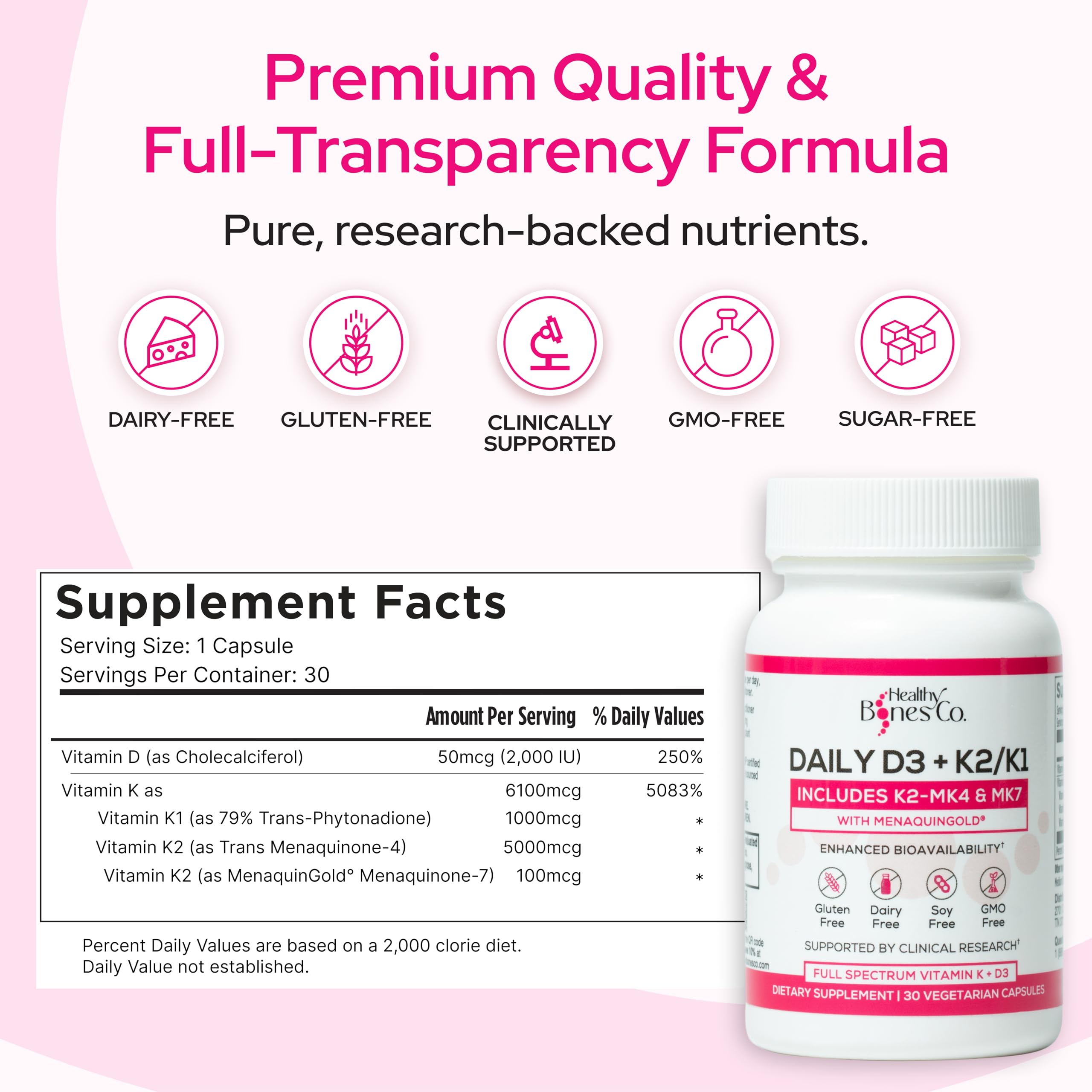Healthy Bones Co Premium D3 K2 capsules closeup