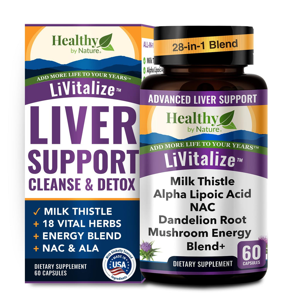 Healthy by Nature LiVitalize bottle close-up for liver support and clear labeling