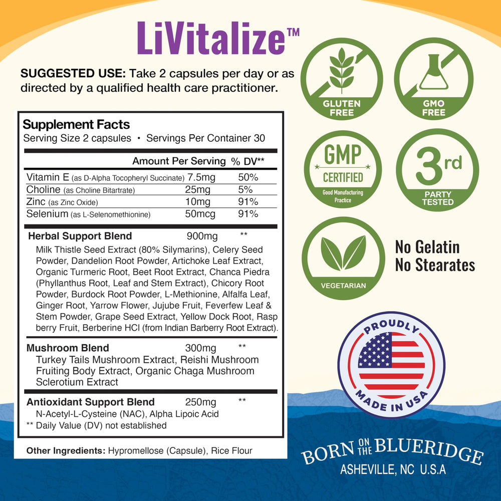 Healthy by Nature LiVitalize vegan bottle featuring GMP badge and allergen-free promise
