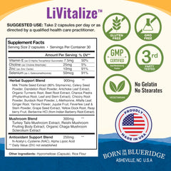 Healthy by Nature LiVitalize vegan bottle featuring GMP badge and allergen-free promise