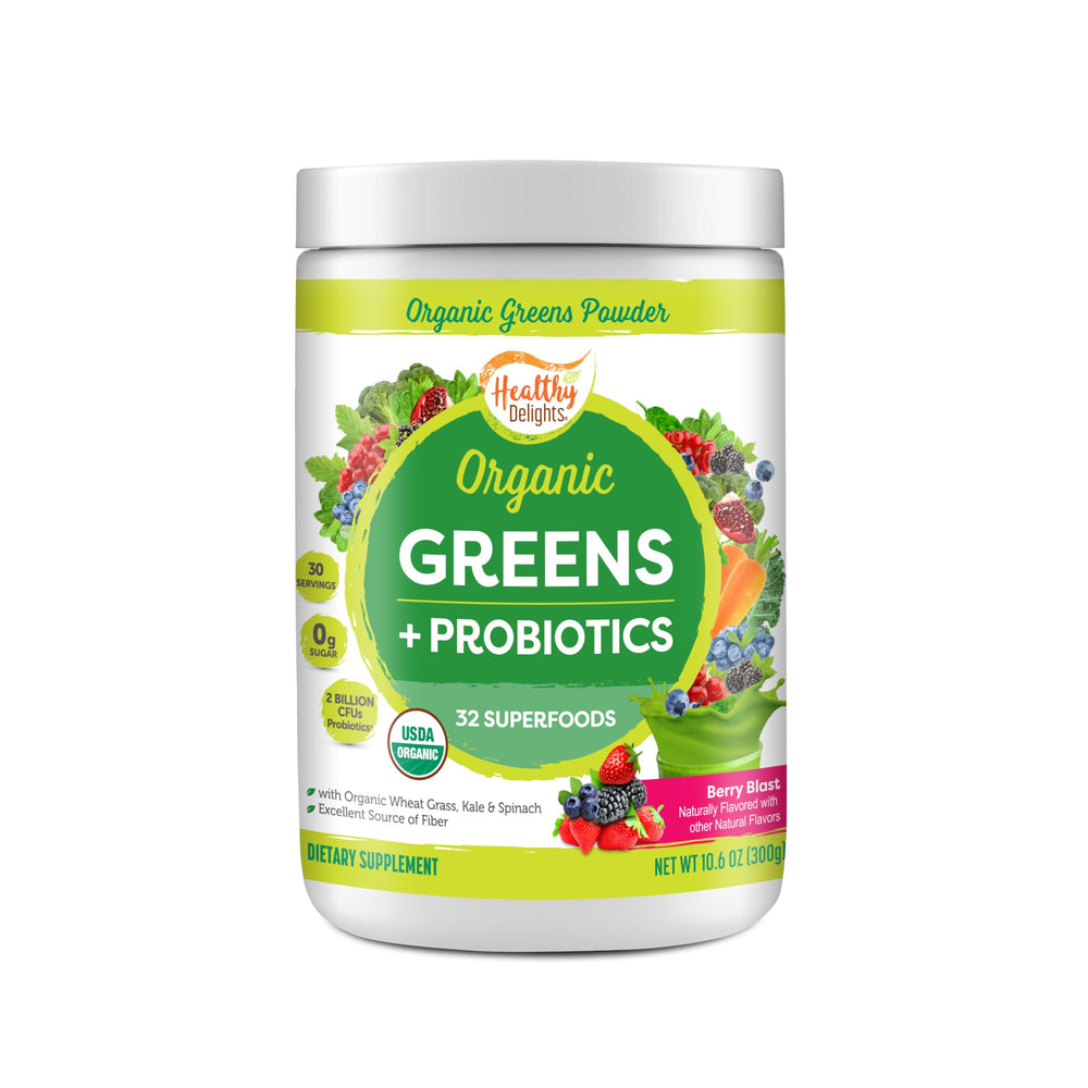 Healthy Delights Naturals berry greens powder in a jar highlighting 38 superfoods for daily energy
