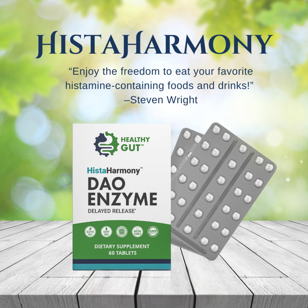Healthy Gut HistaHarmony packaging box shows 60 servings and safety standards.