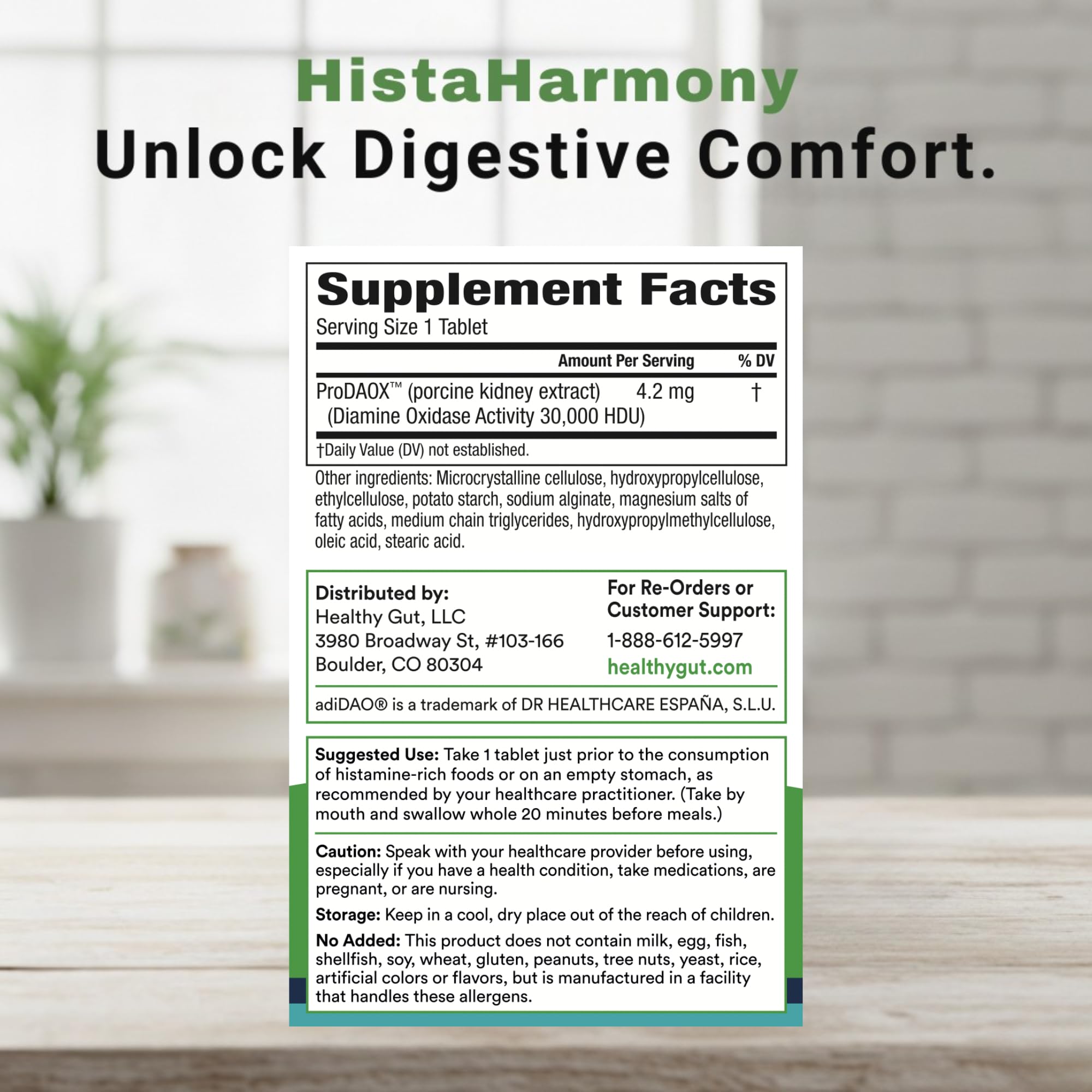 Healthy Gut HistaHarmony tablet close-up highlights 30,000 HDU potency for rapid histamine support.